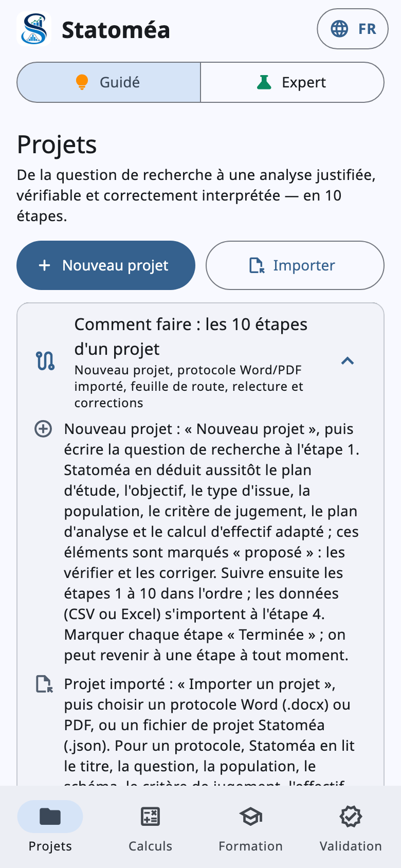 Écran d'accueil de Statoméa sur téléphone