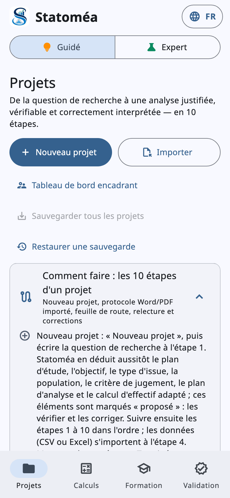 Écran d'accueil de Statoméa sur téléphone