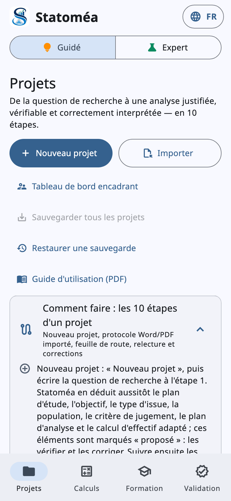Écran d'accueil de Statoméa sur téléphone