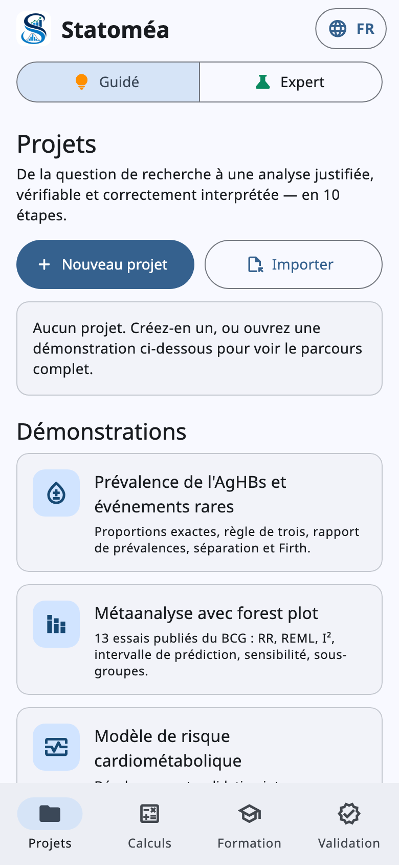 Écran d'accueil de Statoméa sur téléphone