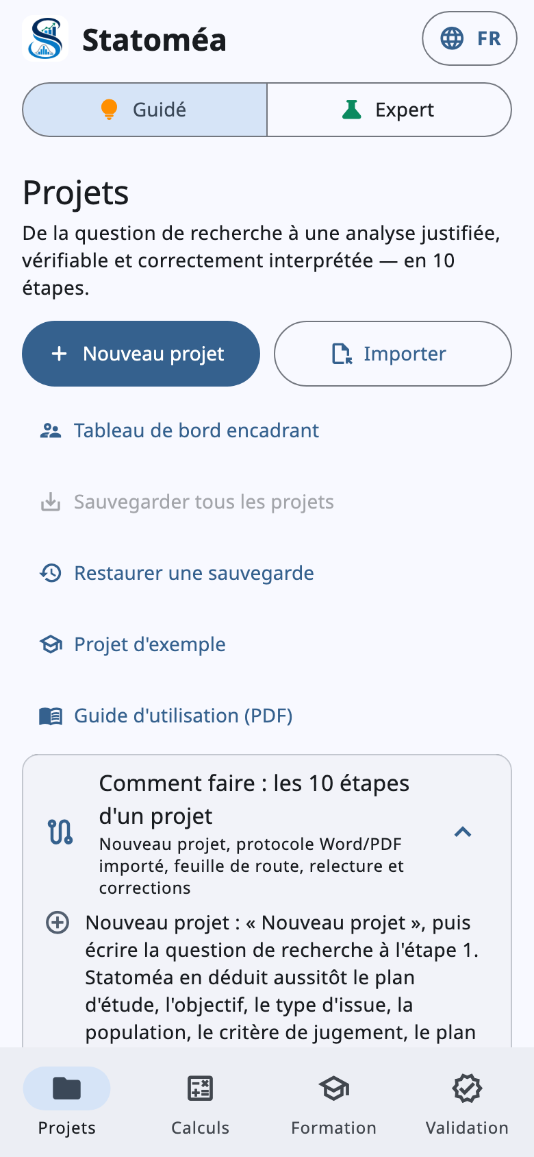 Écran d'accueil de Statoméa sur téléphone