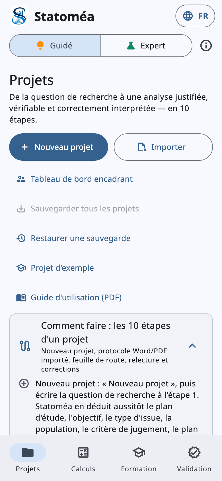 Écran d'accueil de Statoméa sur téléphone