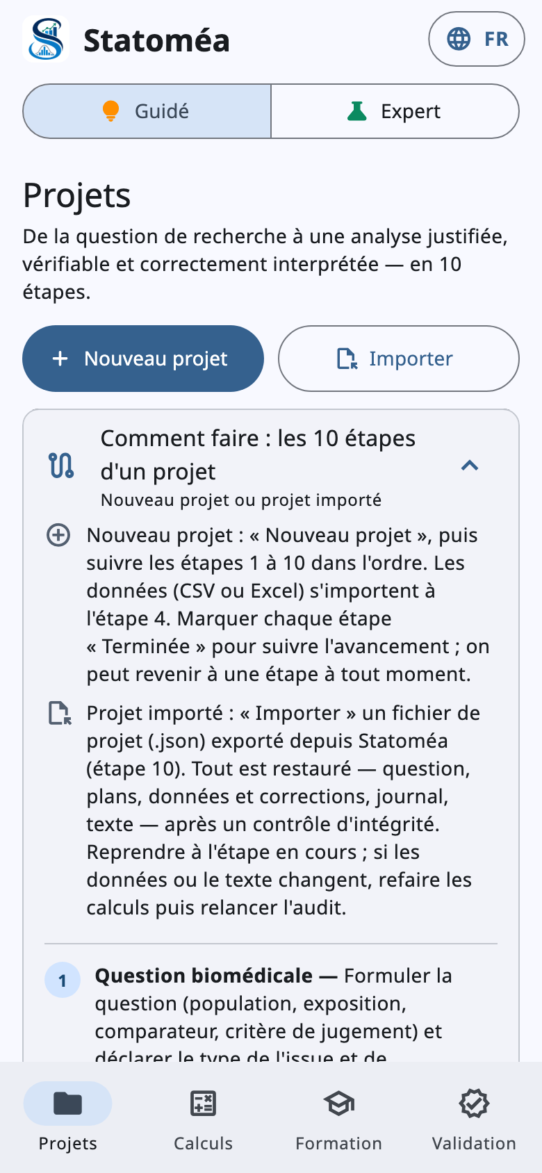 Écran d'accueil de Statoméa sur téléphone